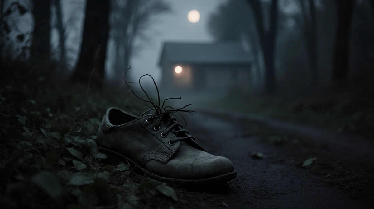 Old worn shoe resting on forest path with tangled laces and twigs showing abandonment under moonlight