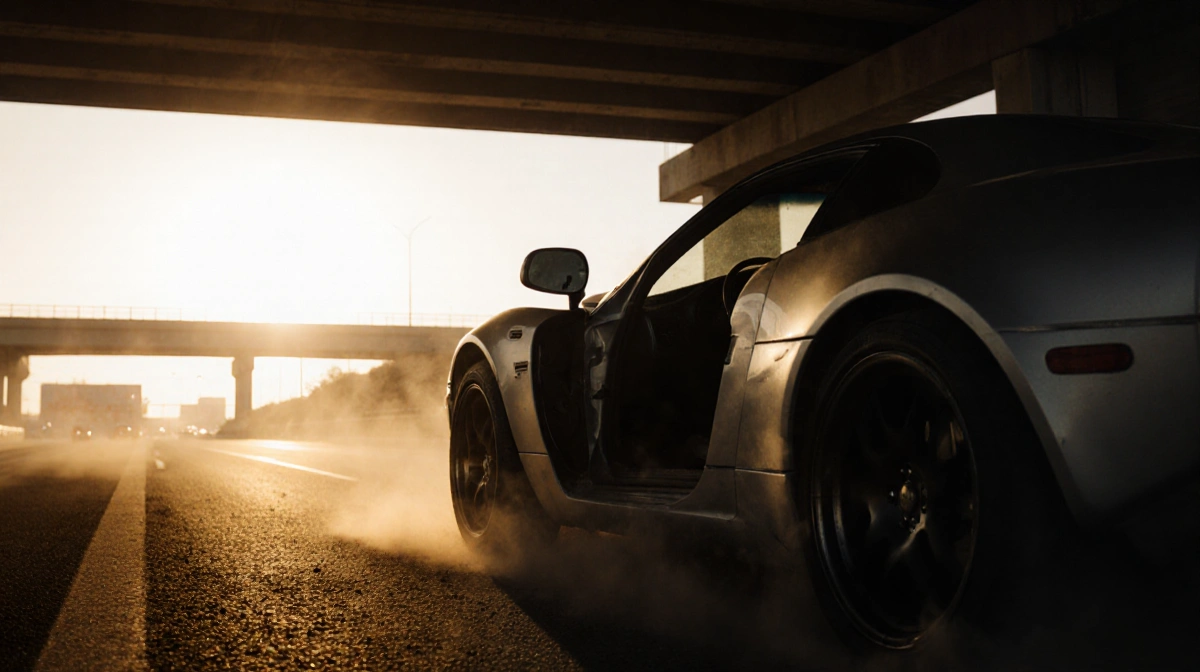 Abandoned sports car screeching to a halt under freeway overpass with golden hour light and dust clouds
