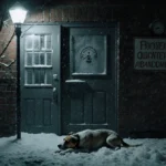 Small terrier mix shivers in snow outside animal shelter door with temperature gauge reading 26°F