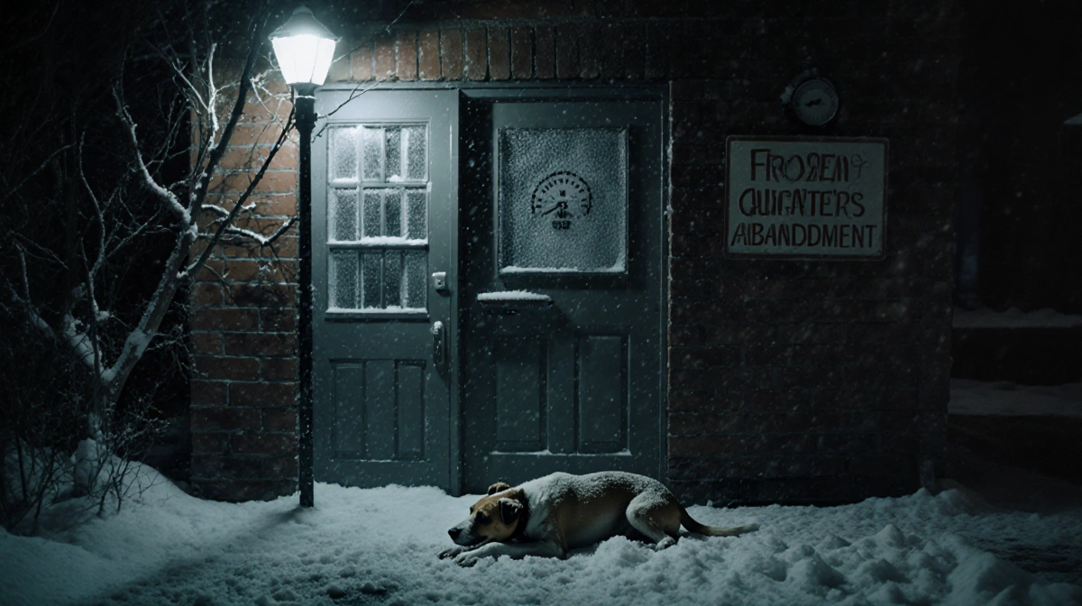 Small terrier mix shivers in snow outside animal shelter door with temperature gauge reading 26°F