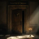 Worn wooden door stands ajar with golden light spilling onto scattered scripts and flickering candelabra