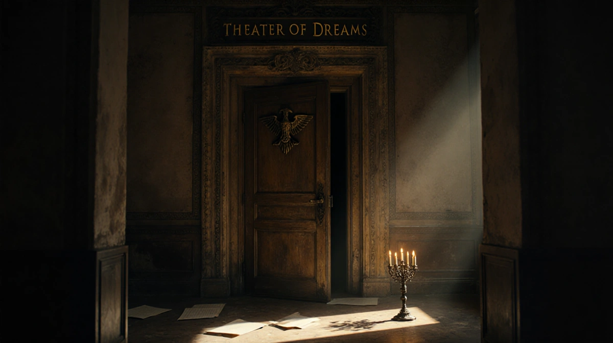 Worn wooden door stands ajar with golden light spilling onto scattered scripts and flickering candelabra