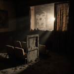 Projection booth glows dimly in abandoned theater with hidden door behind tattered seat and shadowed curtains.