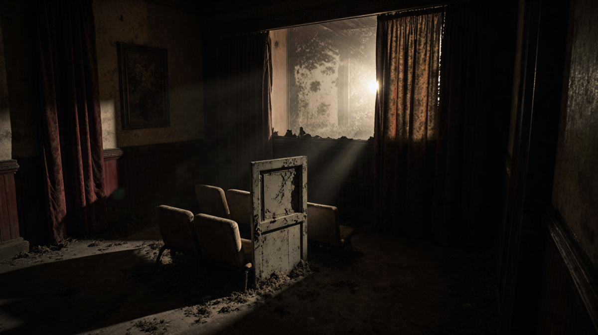 Projection booth glows dimly in abandoned theater with hidden door behind tattered seat and shadowed curtains.