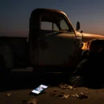 Old truck sits at roadside stop with person slumped inside and cracked dashboard glowing at dusk