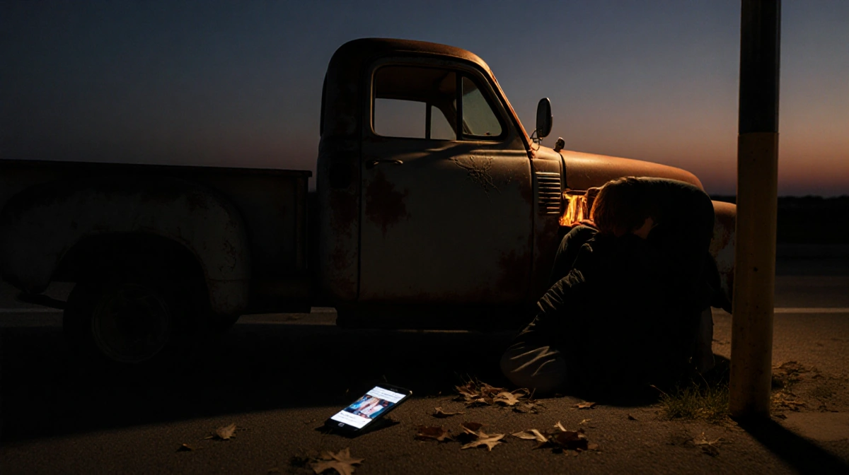 Old truck sits at roadside stop with person slumped inside and cracked dashboard glowing at dusk