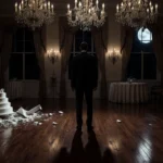 Man stands alone in dark ballroom with shattered wedding cake and scattered decorations on the floor
