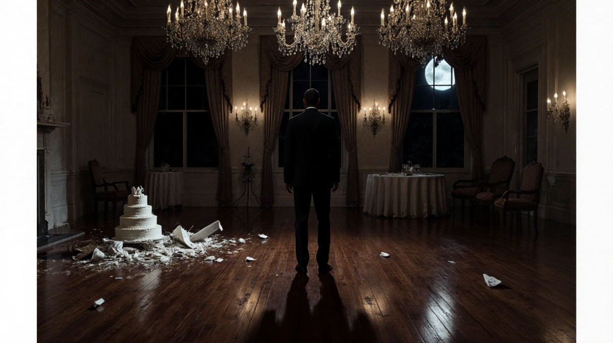 Man stands alone in dark ballroom with shattered wedding cake and scattered decorations on the floor