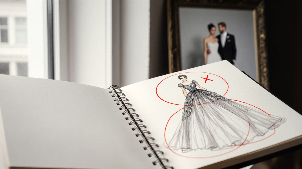 Designer sketchbook shows abandoned wedding dress sketch with red X marking and faint reflection of two women in background