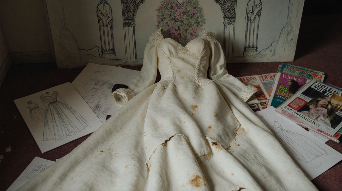 Abandoned wedding dress lies torn and stained with design sketches scattered around vintage fashion magazines