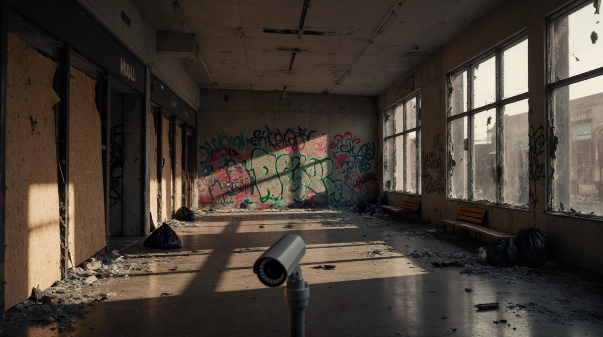 Abandoned shopping mall corridor shows boarded storefronts and broken glass with security camera mounted on wall