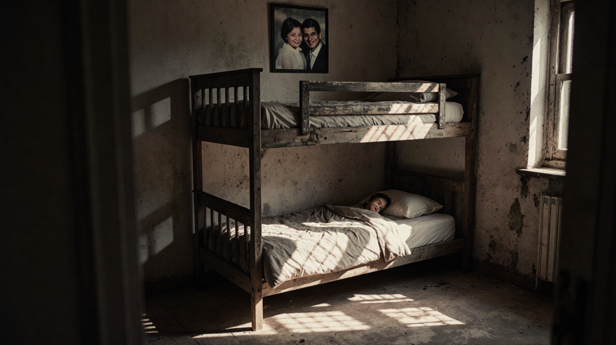 Abandoned wooden bunk bed lies in dim room with faded family photo above and soft light casting melancholy shadows.
