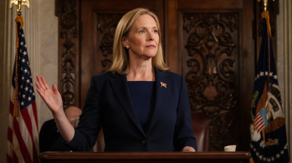 Abigail Spanberger taking oath of office with colonial furniture and ornate wooden door behind her