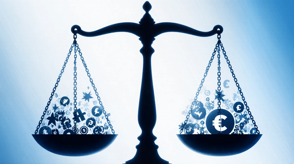 Abstract balance scale showing securities symbols swirling around its surface with blue and white gradient background