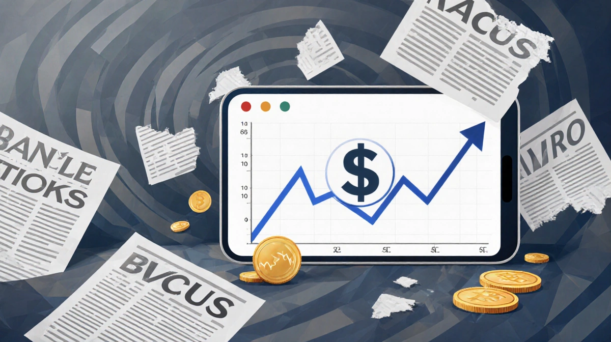 Abstract financial graph with swirling stock patterns and smartphone showing stock ticker with scattered coins
