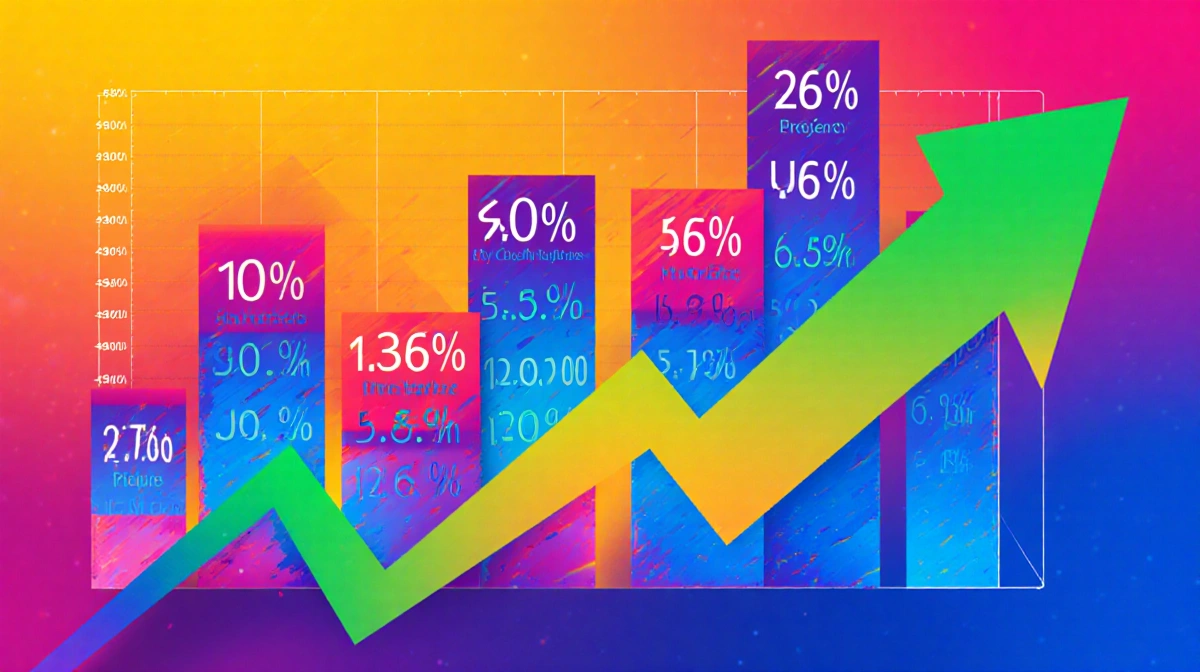 Abstract market chart rises with colorful geometric shapes showing growth and leadership data