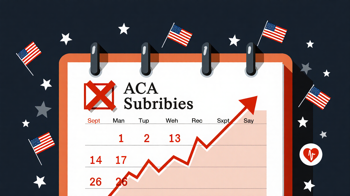 Calendar page showing a red X on a December date with a faint graph of rising premium costs after ACA subsidies and flags.