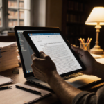 Hands hold tablet with laptop screen showing research article on cluttered desk with papers and warm lamp light