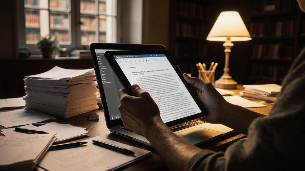 Hands hold tablet with laptop screen showing research article on cluttered desk with papers and warm lamp light