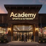 Customers browse outdoor gear at Academy Sports with warm wood storefront and American flag in window
