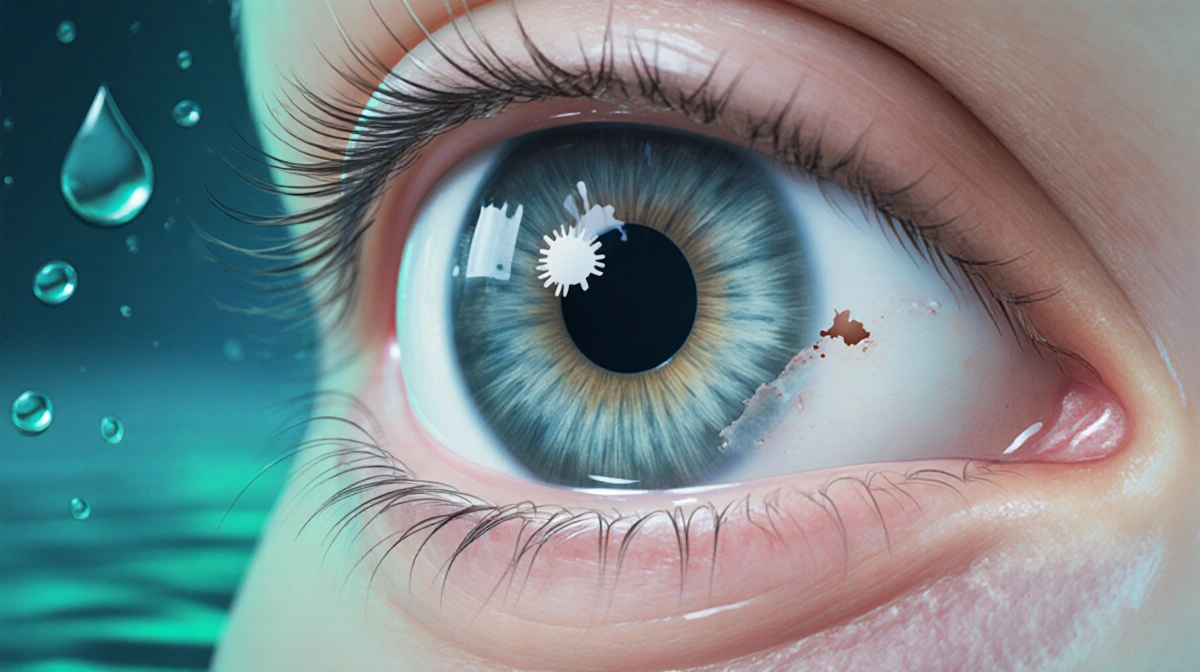 Cornea shows damaged layer with translucent wound and faint amoeba shape near water droplets