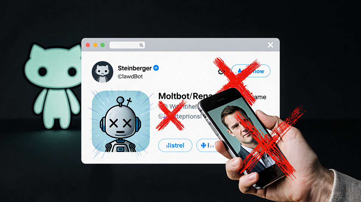 Steinberger holding phone with frustrated expression and red X over profile picture against glitched interface with bot icon