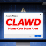 Computer screen showing Account Takeover warning with red CLAWD Meme Coin Scam Alert text glowing against dark blue backgroun