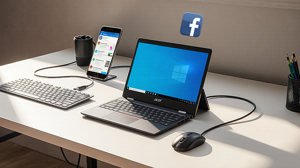 Acer Chromebook sits on a desk with a laptop stand and keyboard with natural light showing its compact size and a smartphone