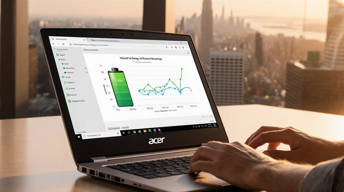 Person typing on Acer laptop with battery life graph on screen and city skyline through window