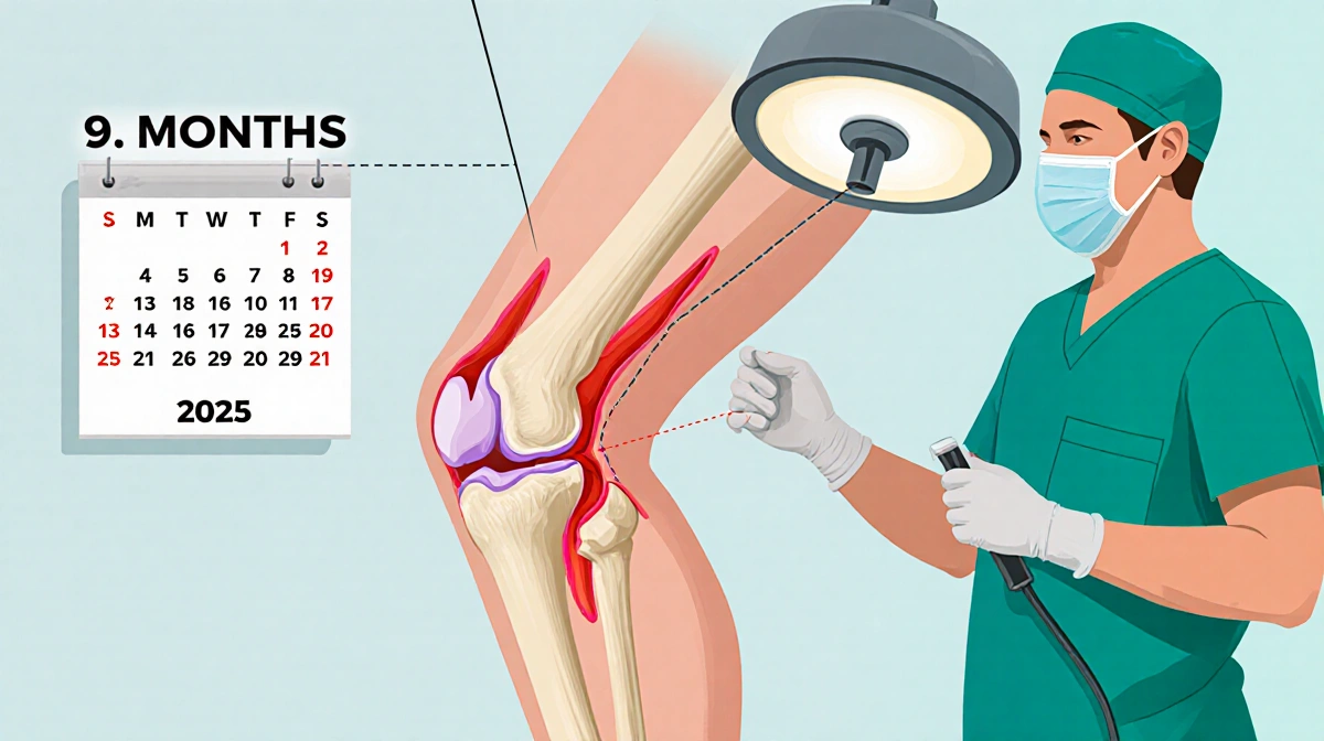 Surgeon in scrubs repairing torn ACL and LCL ligaments in knee with operating room light overhead and recovery timeline showi