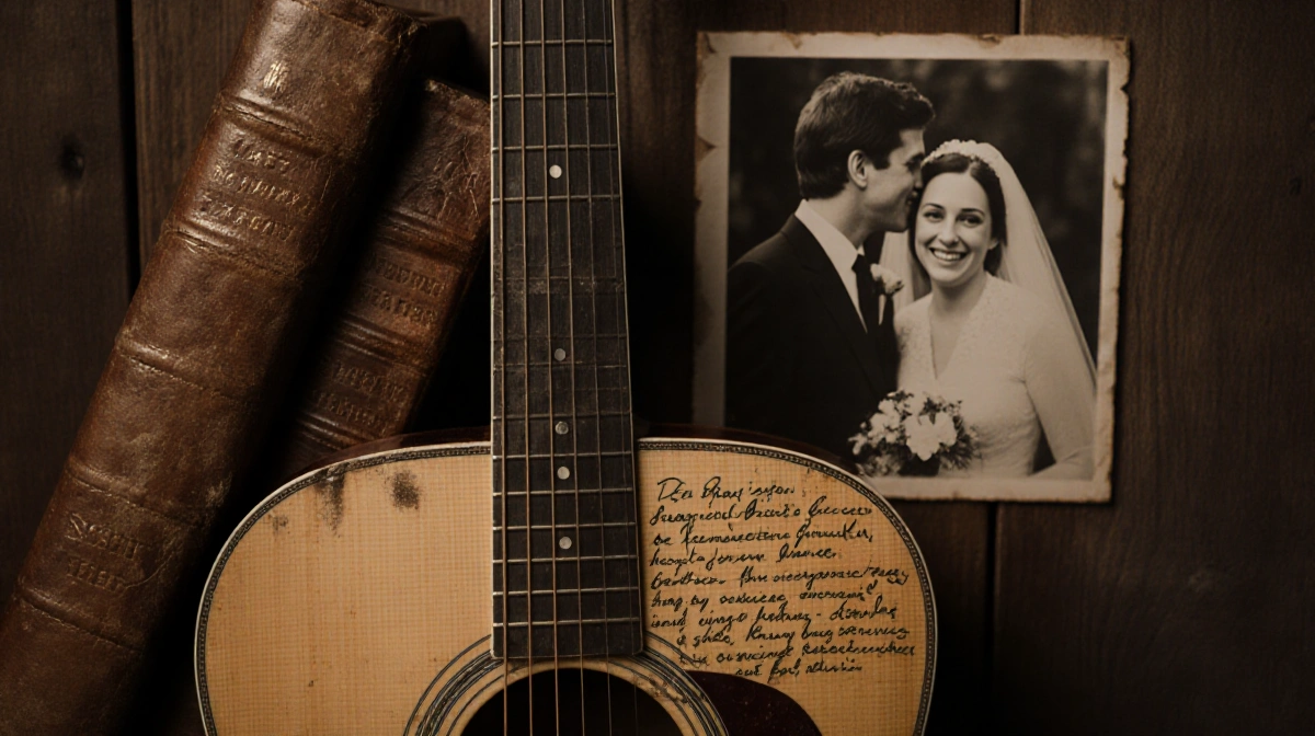 Worn acoustic guitar leans against wooden wall with handwritten lyrics and wedding photo showing Bob Weir