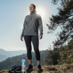 Person standing in outdoor setting with blue sky and trees and active athletic wear holding water bottle and walking shoes