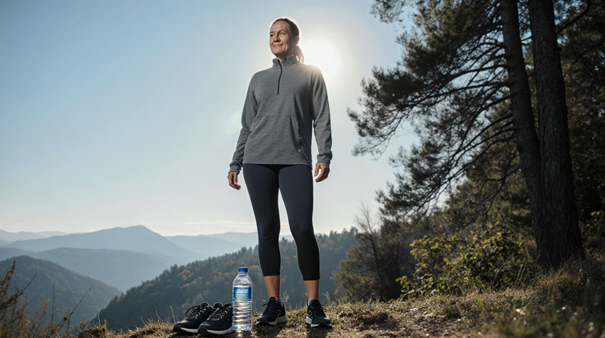 Person standing in outdoor setting with blue sky and trees and active athletic wear holding water bottle and walking shoes