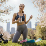 Woman smiling while holding a glass of water with dumbbells and flowers in a green park background for active living