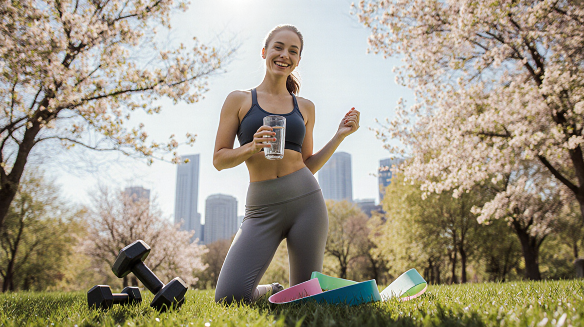 Woman smiling while holding a glass of water with dumbbells and flowers in a green park background for active living