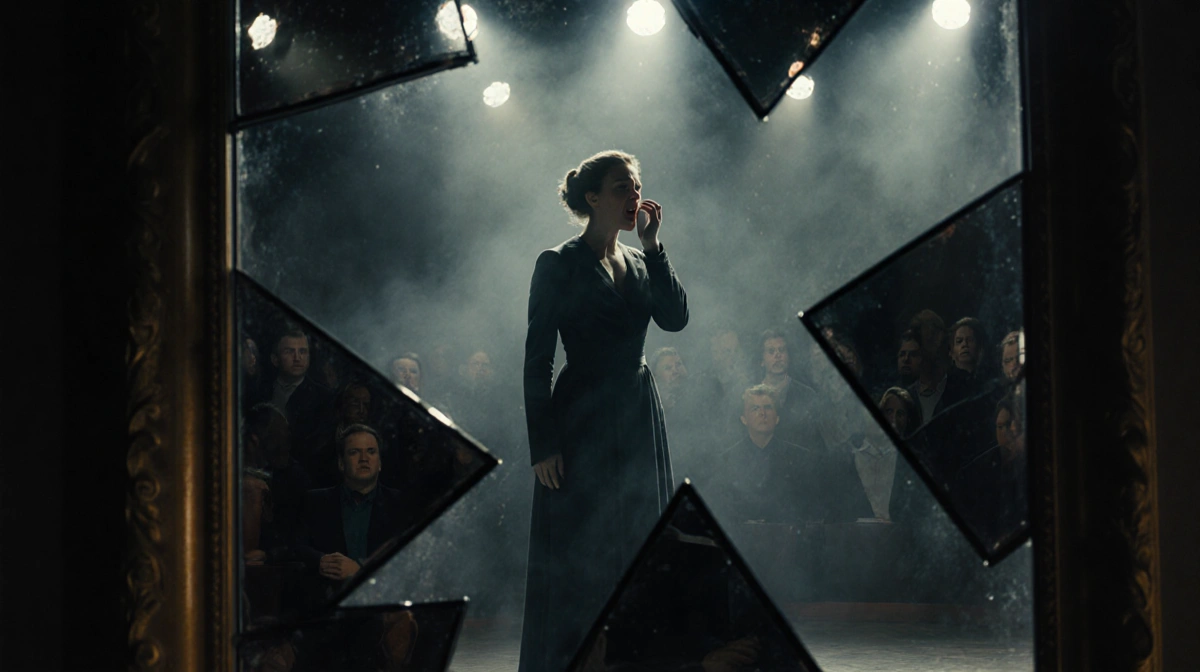 Actor stands center stage with distressed face and flickering lights while crooked mirror reflects audience
