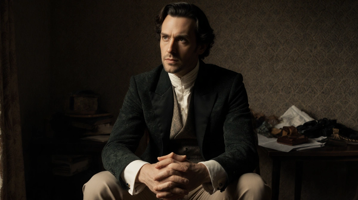 Actor sits with clasped hands and introspective expression in dim room with minimal decor and soft textures