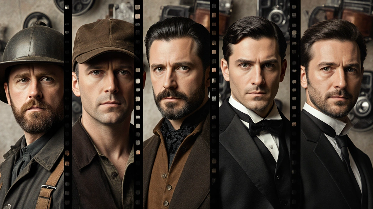 Five actors in period costumes pose together with film reels and vintage cameras blurred behind them