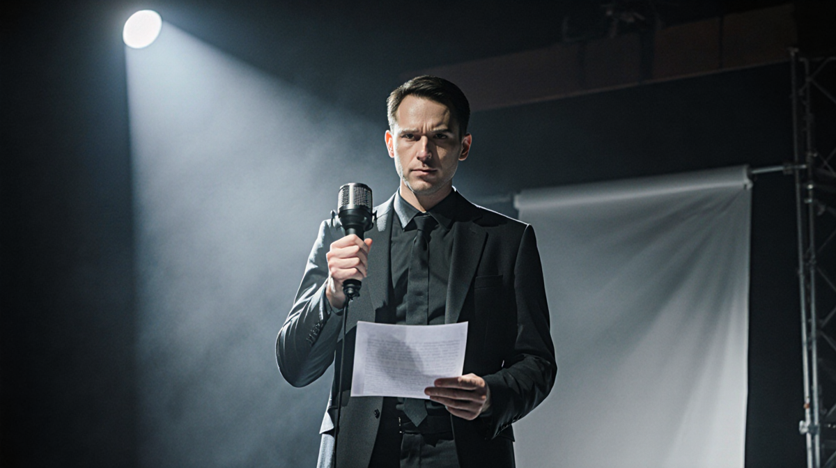 Actor standing center stage holding spotlight with script and dim theater lighting
