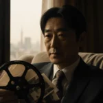 Actor holding vintage film reel with soft dim lighting and Tokyo skyline in window.