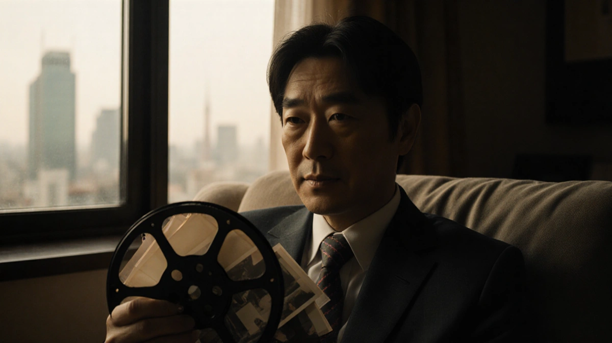 Actor holding vintage film reel with soft dim lighting and Tokyo skyline in window.