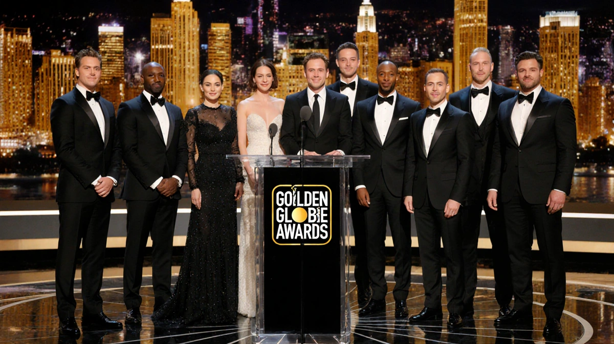 Actors stand together at award podium with golden city skyline showing Golden Globe nominees unity