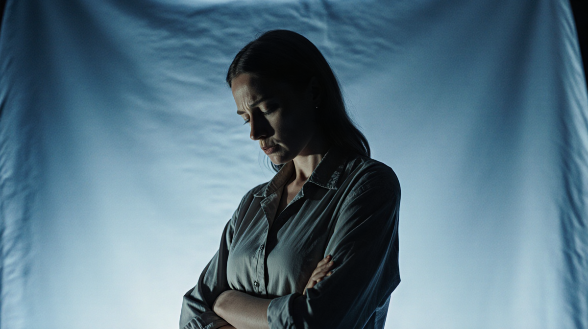 Actress standing in modest outfit with crossed arms and a look of discomfort against a dim blue backdrop