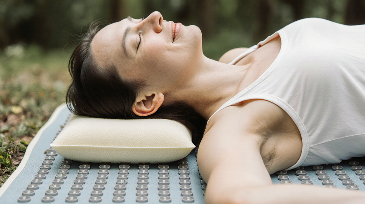 Person lying on an acupressure mat with foam core and plastic nodes, relaxed smile near a pillow in serene environment