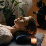 Person reclines on acupressure mat with relaxed face and eyes closed surrounded by a green plant and guitar case