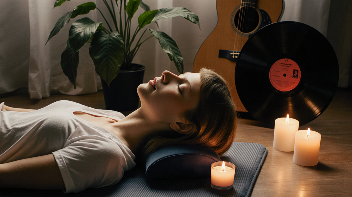 Person reclines on acupressure mat with relaxed face and eyes closed surrounded by a green plant and guitar case