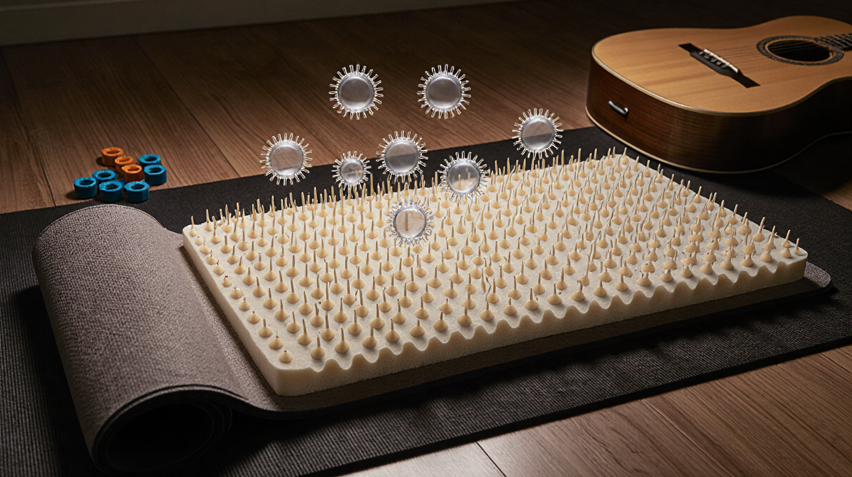 Acupressure mat lies flat on a yoga mat with foam core visible and bright plastic circles in mid-air.