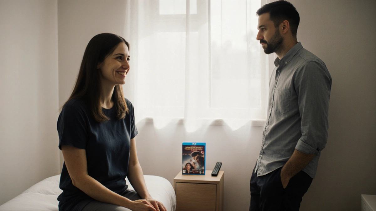 Acupuncturist sits on treatment table with natural light streaming through window and concerned husband leaning nearby