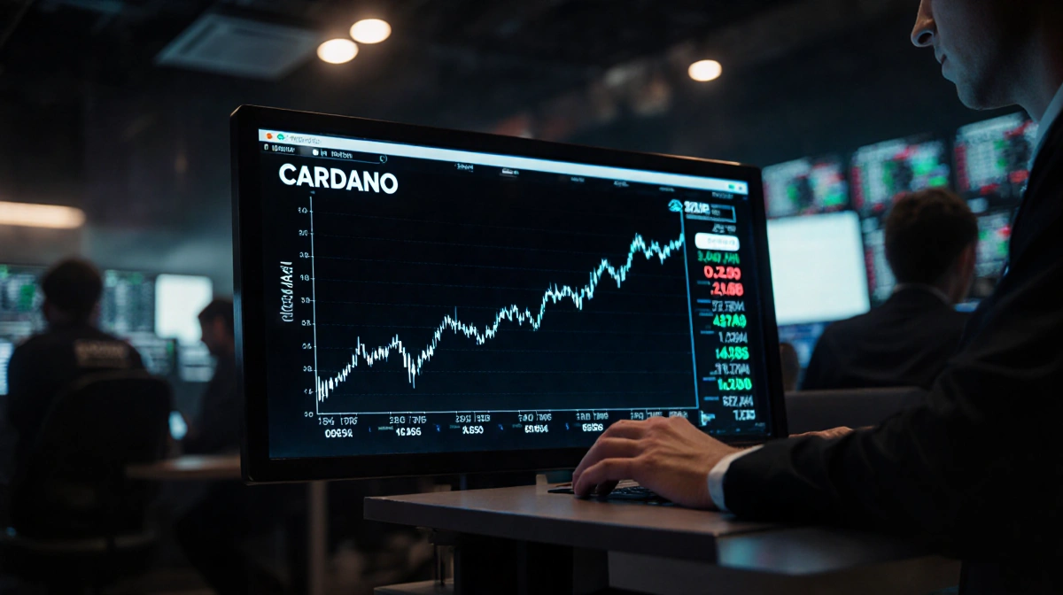 Trader watching Cardano price chart with cup-and-handle pattern on large screen and crypto tickers in background