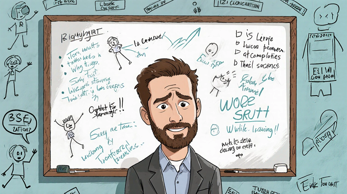 Adam Scott stands at whiteboard with messy doodles and scribbled notes showing his improvisational comedy learning process